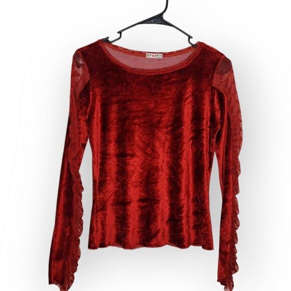 Red Haute Women's Y2K Burnout Ruched Mall Goth Velvet Long Sleeve Blouse size 2 - Picture 1 of 7